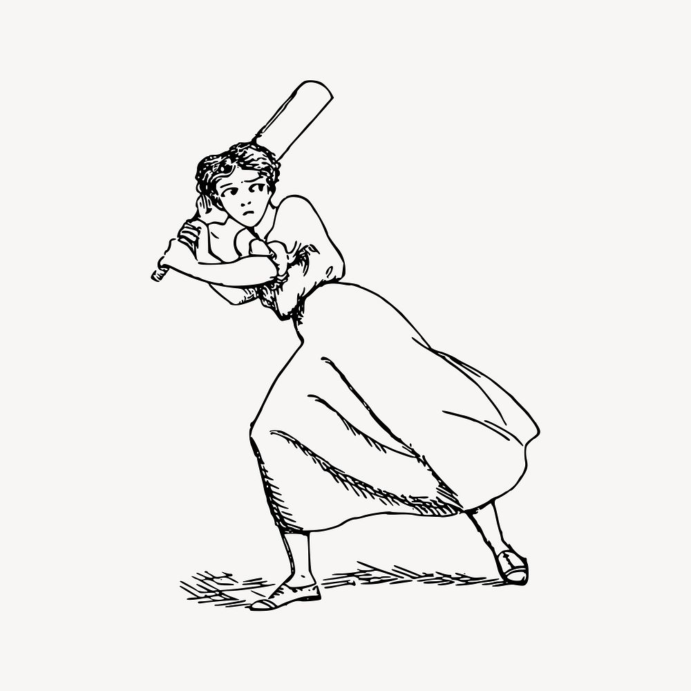 Woman playing cricket clipart, vintage sport illustration vector. Free public domain CC0 image.