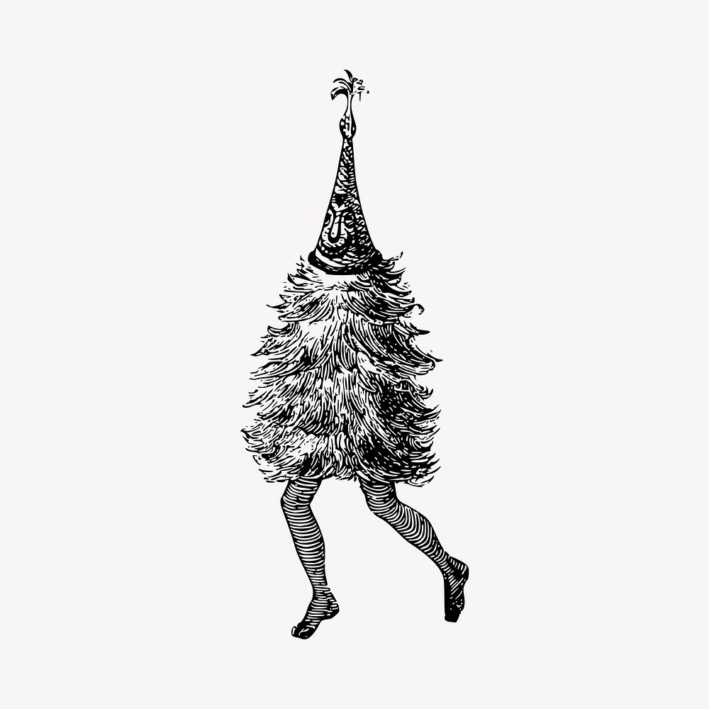 Walking Christmas tree clipart, vintage cartoon illustration vector. Free public domain CC0 image.