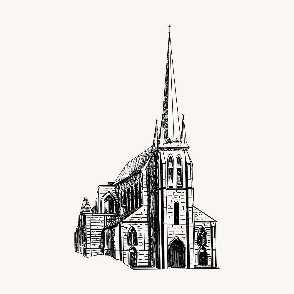 Church building clipart, vintage architecture illustration vector. Free public domain CC0 image.