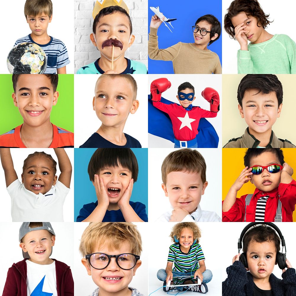 Collage of diversity boys with happy emotional