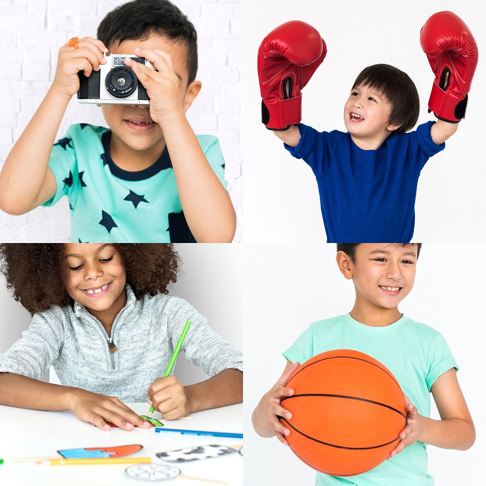 Young Boys Kids Enjoyment Happiness Fun Studio Portrait Collage