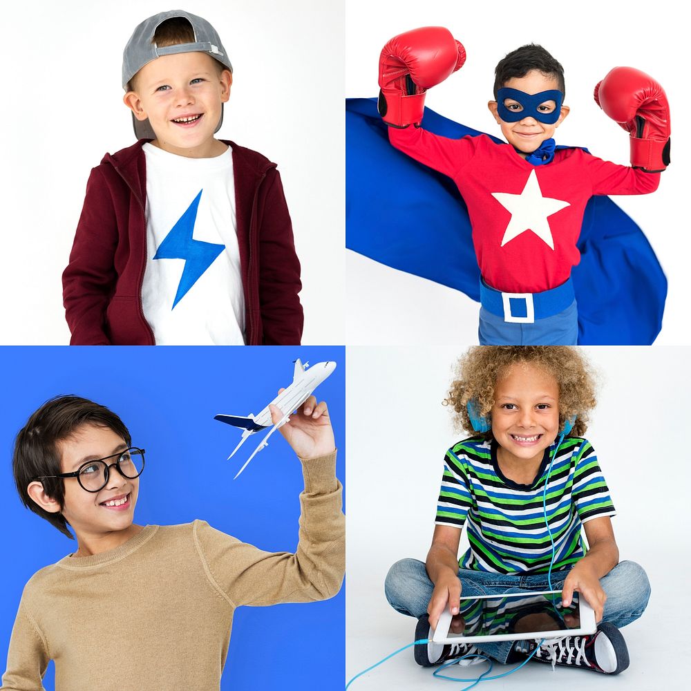 Young Boys Kids Enjoyment Happiness Fun Studio Portrait Collage