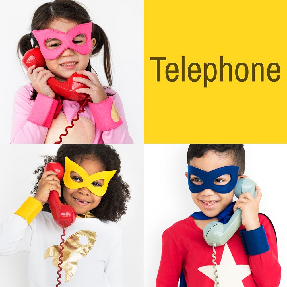 Set of Diverse Children Using Telephone Studio Collage