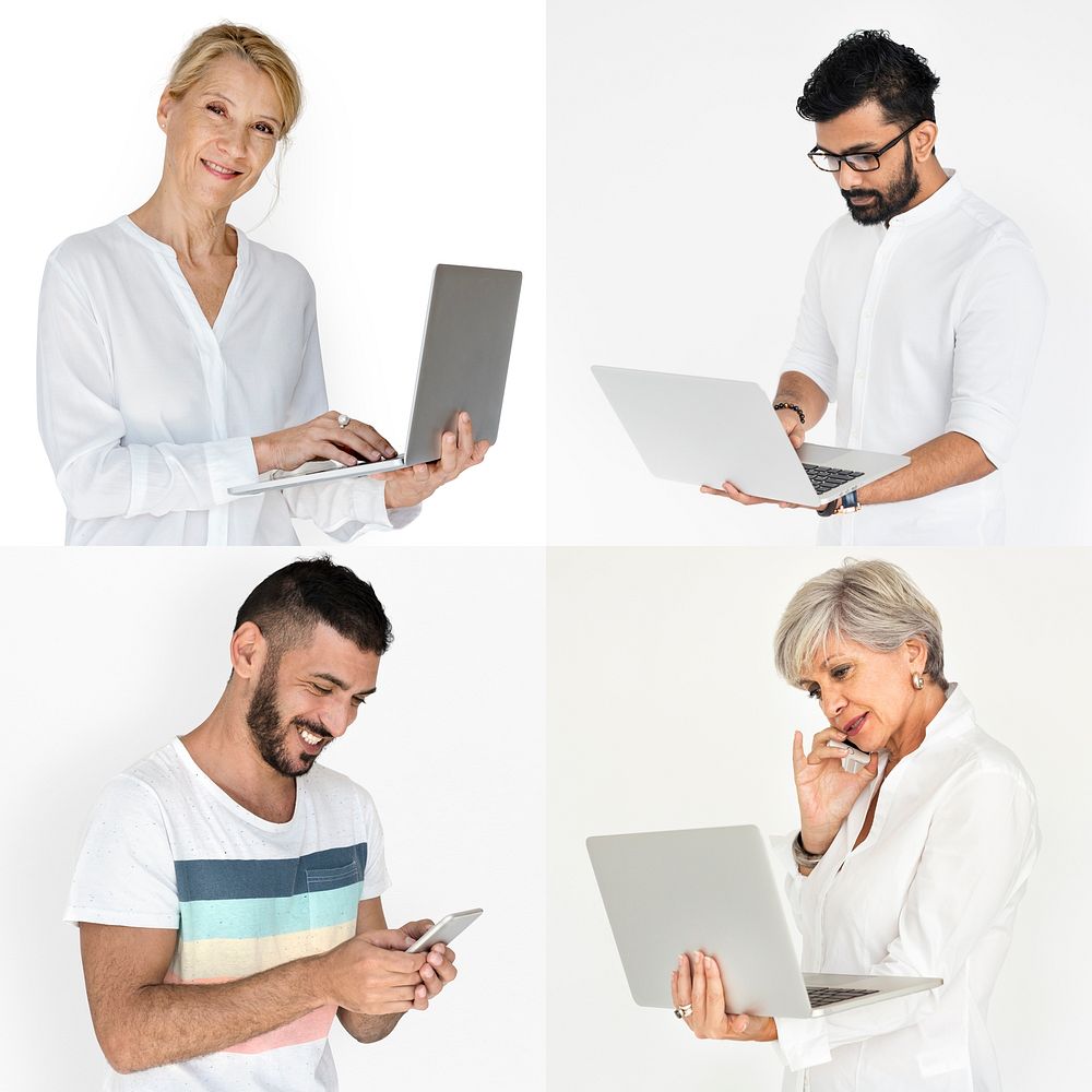 People Set of Diversity Adult Using Digital Devices
