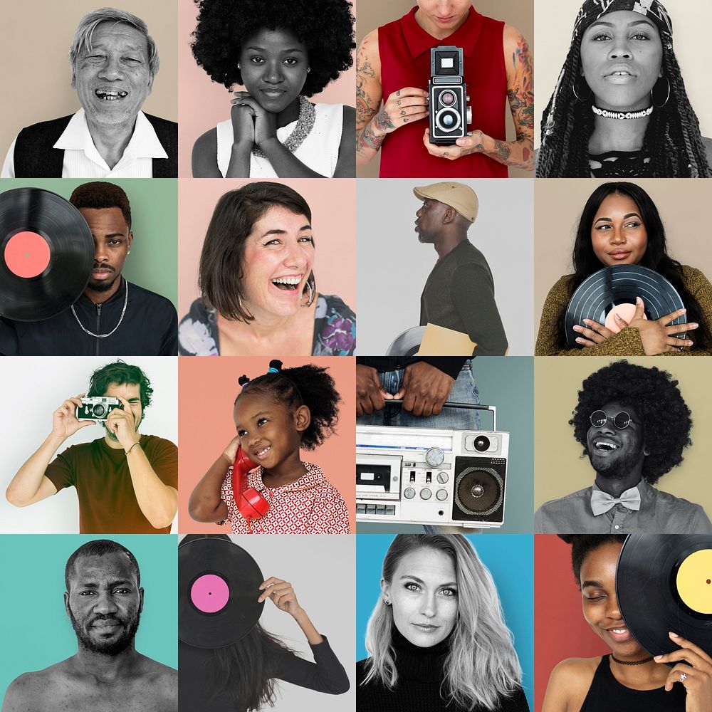 Set of Diversity People Face Expression Emotion Studio Collage