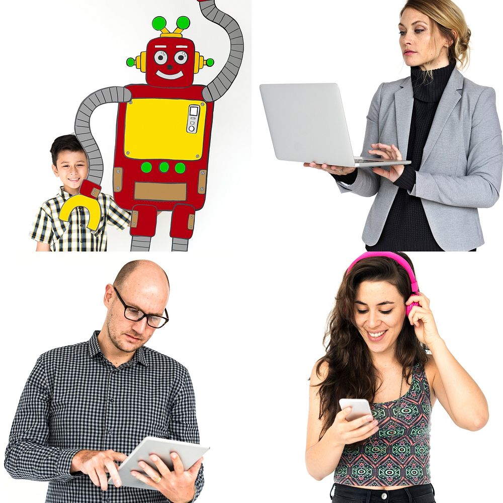 Set of Diverse People with Technology Invention Studio Collage