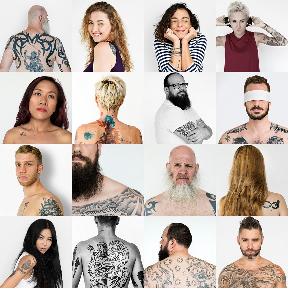Diverse people with tattoo collection collage