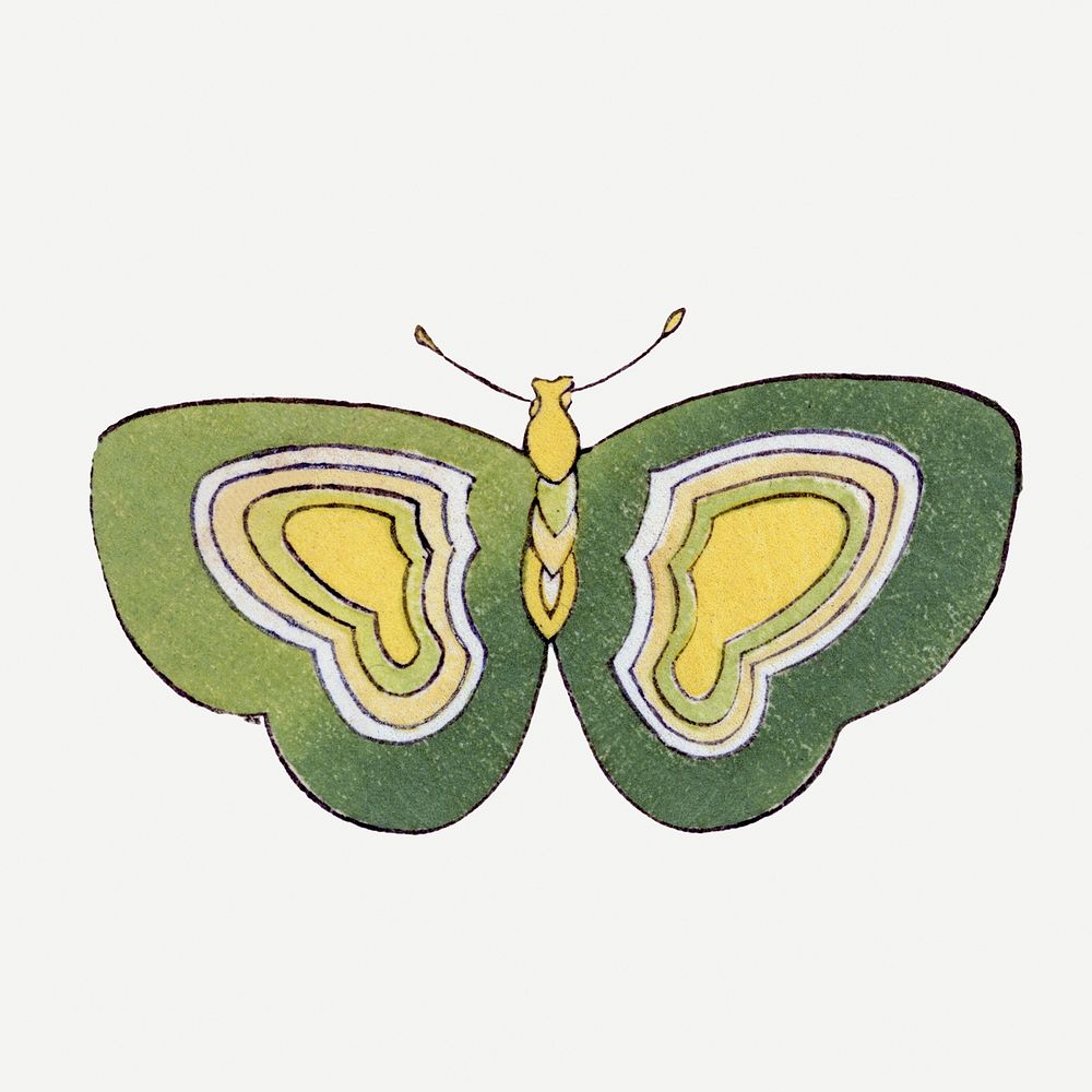 Green butterfly, Japanese art, vintage drawing illustration