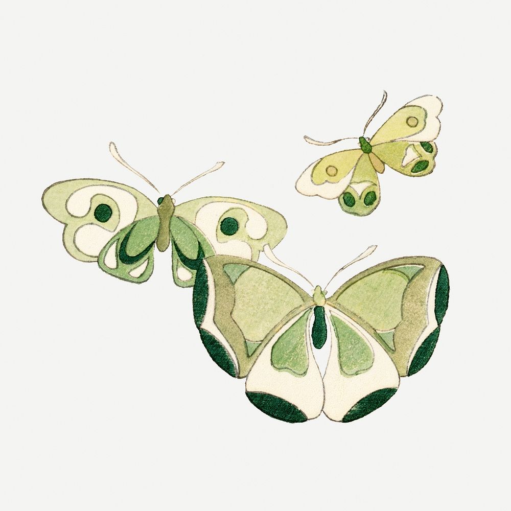 Green butterfly, Japanese art, vintage illustration