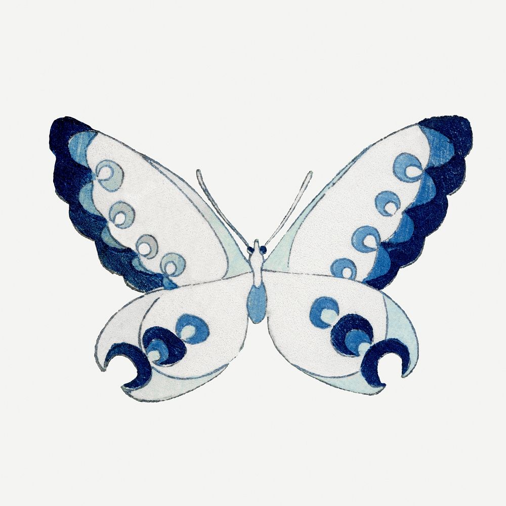 Japanese woodblock print, butterfly illustration, blue design