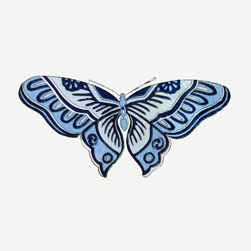 Japanese art, butterfly illustration, blue design