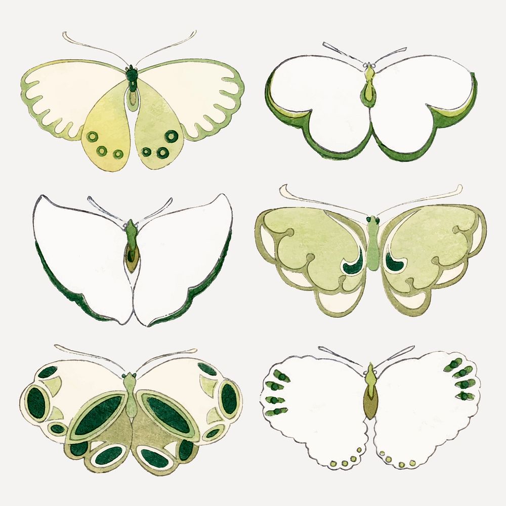 Green butterfly, Japanese woodblock, vintage illustration vector set