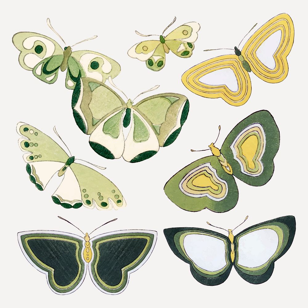Japanese art butterfly collage element, drawing illustration vector set