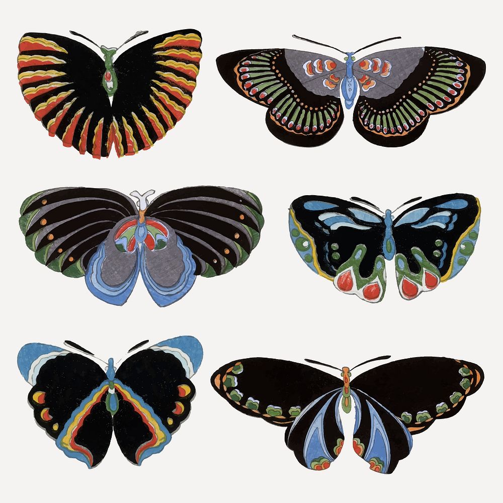 Moth collage element, Japanese woodcut, drawing illustration vector set
