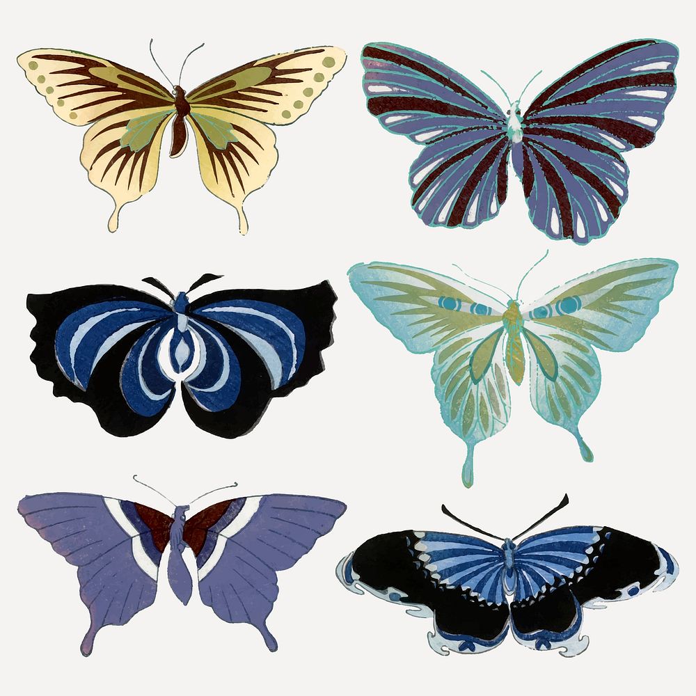 Colorful butterfly collage element, Japanese vintage illustration vector set