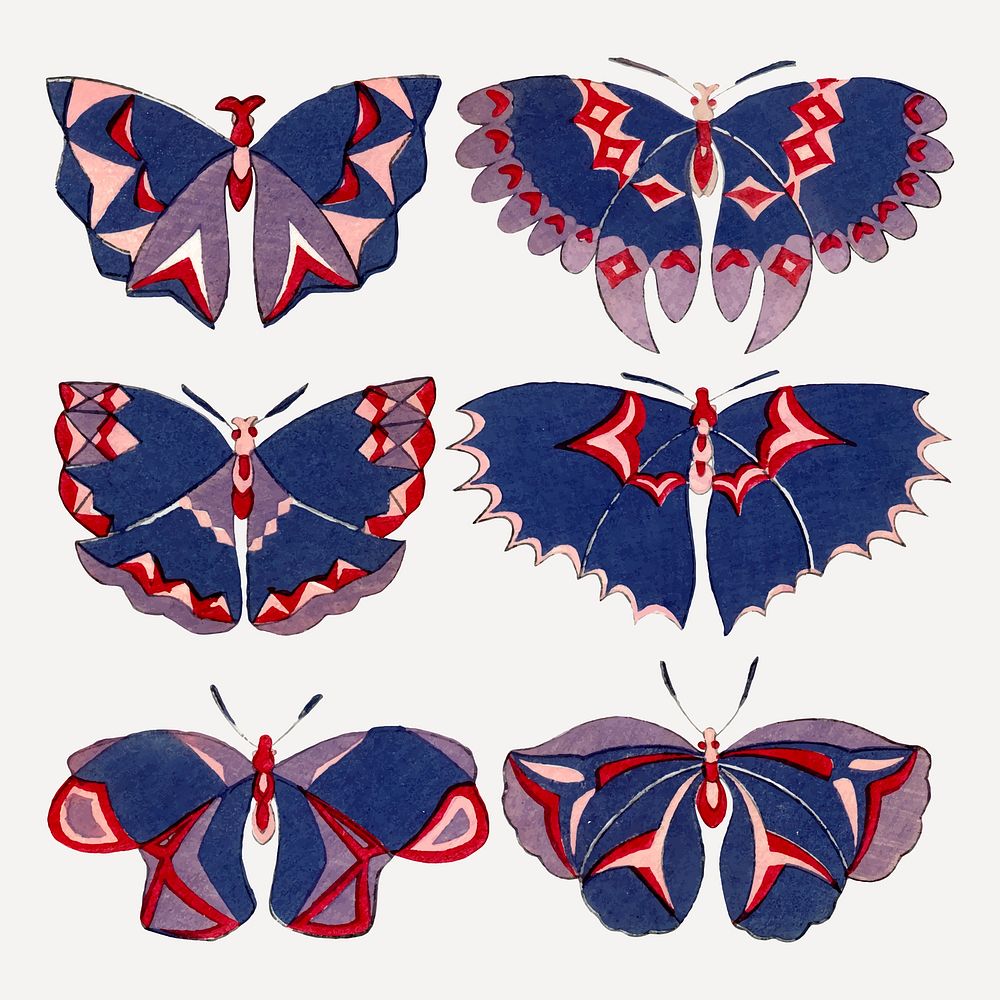 Colorful butterfly, Japanese woodcut, drawing illustration vector set