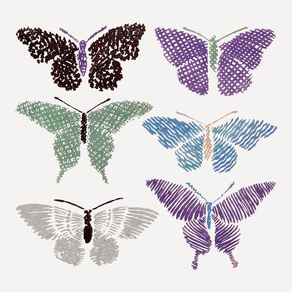 Colorful butterfly, Japanese woodcut, drawing illustration vector set