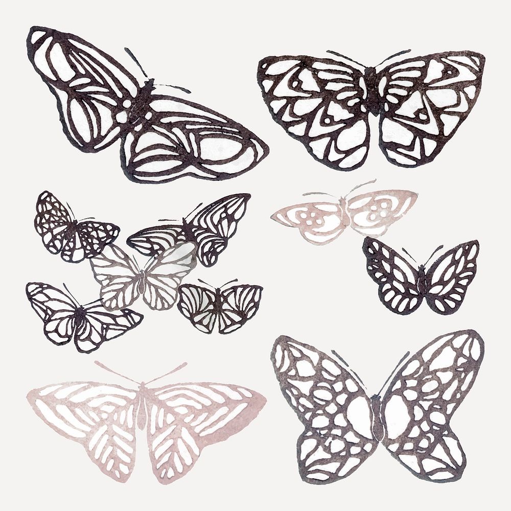 Butterfly clipart, Japanese woodcut, vintage illustration vector set