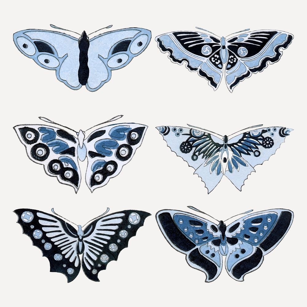 Blue butterfly, Japanese woodblock, vintage illustration vector set