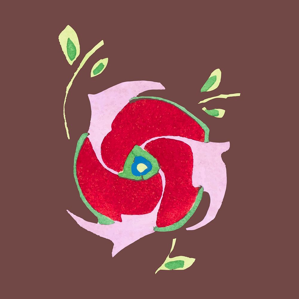 Red flower clip art, vintage art deco design element vector