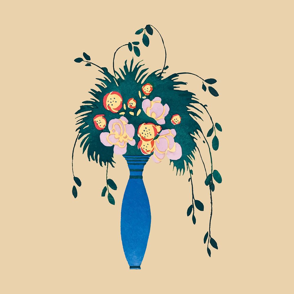 Art deco bouquet vase sticker, colorful clip art vector