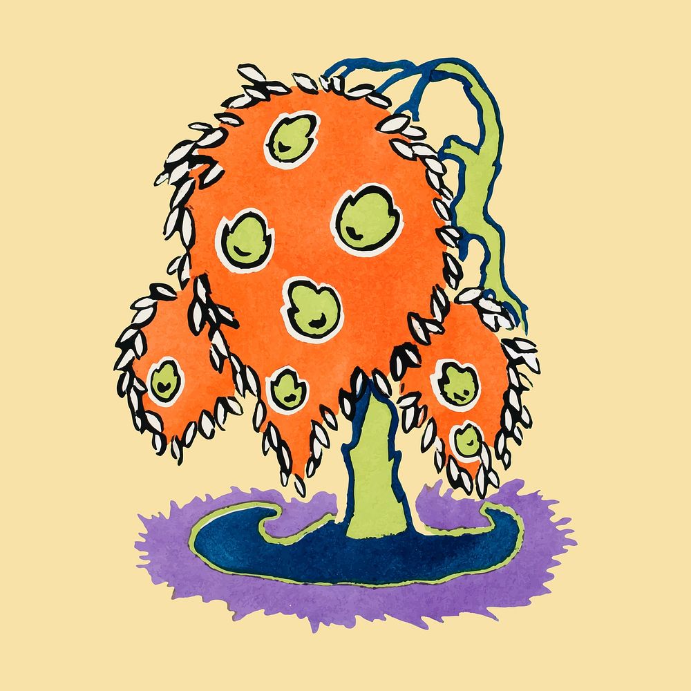 Art deco Bonsai tree sticker, orange clip art vector