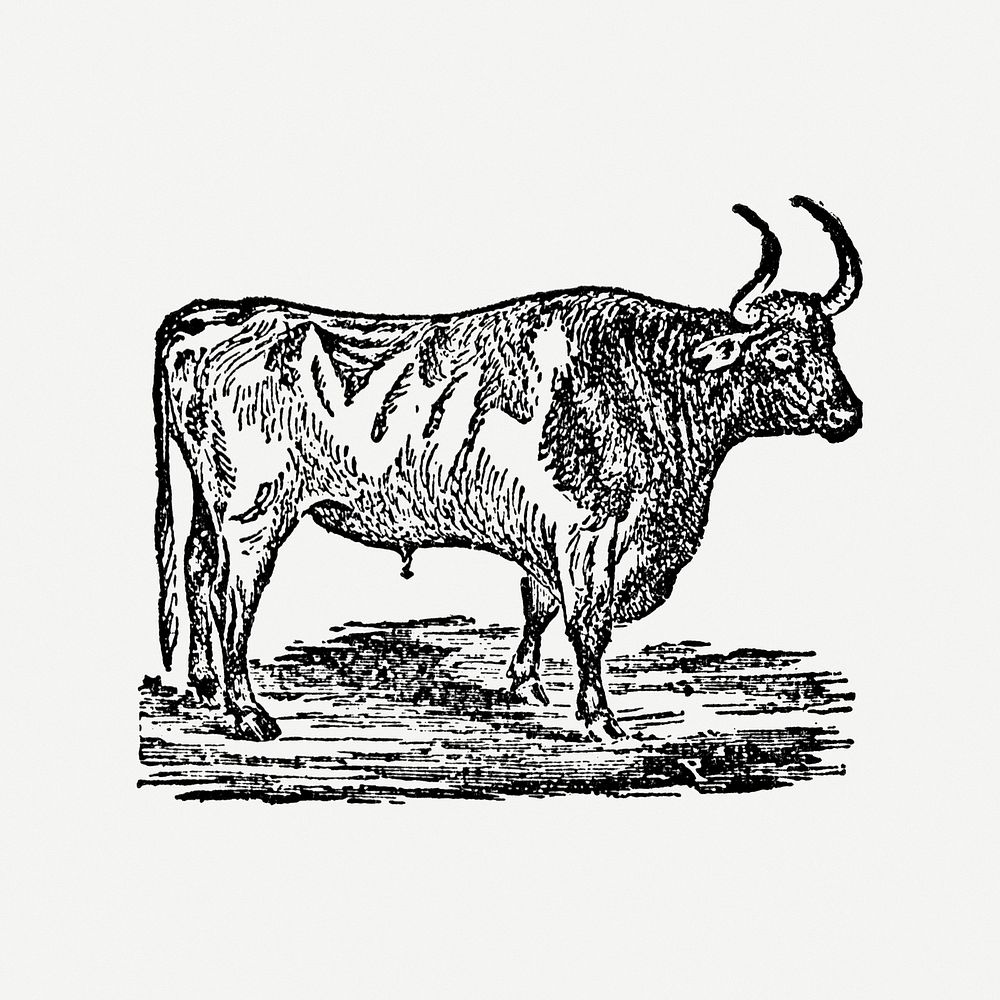Bull collage element, black ink drawing psd, digitally enhanced from our own original copy of The Open Door to Independence…