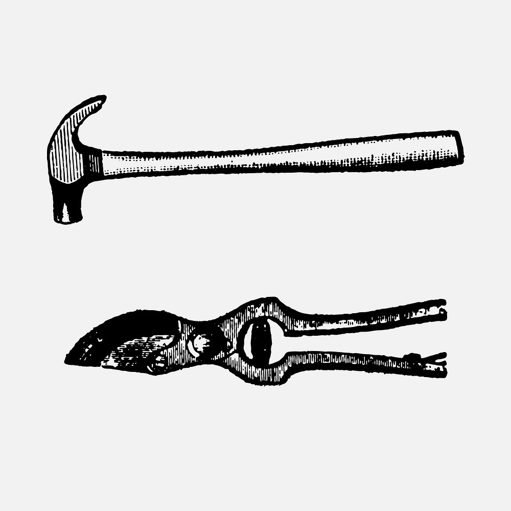 Hammer & pruning shears sticker, black ink drawing vector, digitally enhanced from our own original copy of The Open Door to…