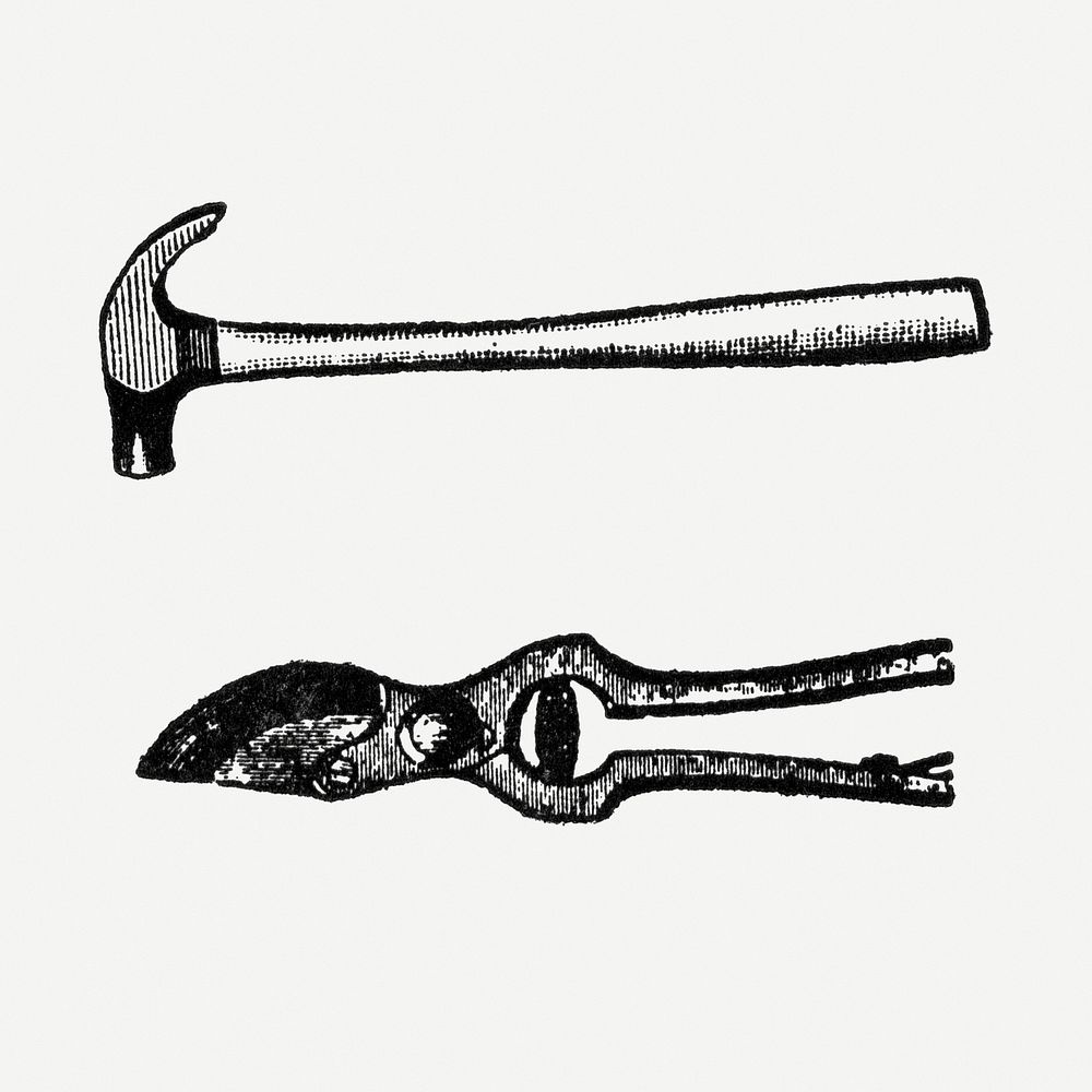 Hammer & pruning shears sticker, black ink drawing psd, digitally enhanced from our own original copy of The Open Door to…