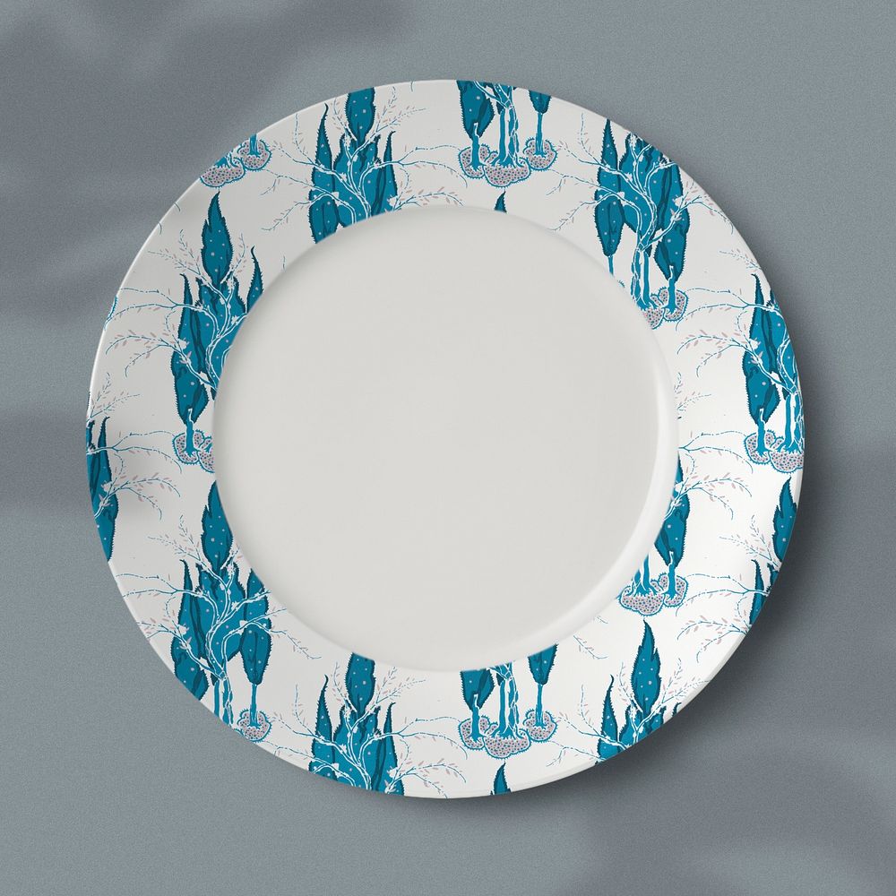 Vintage white porcelain plate with blue vintage tree patterns