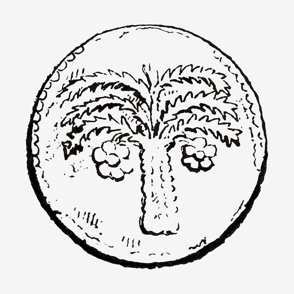 Vintage coin clip art, hand drawn palm tree design element vector