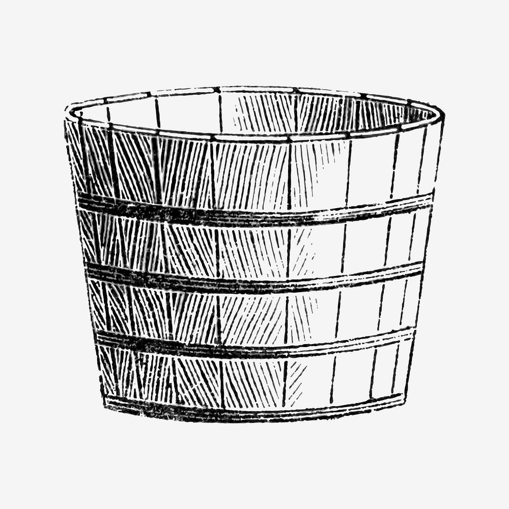 Wooden bucket clip art, vintage hand drawn design element vector
