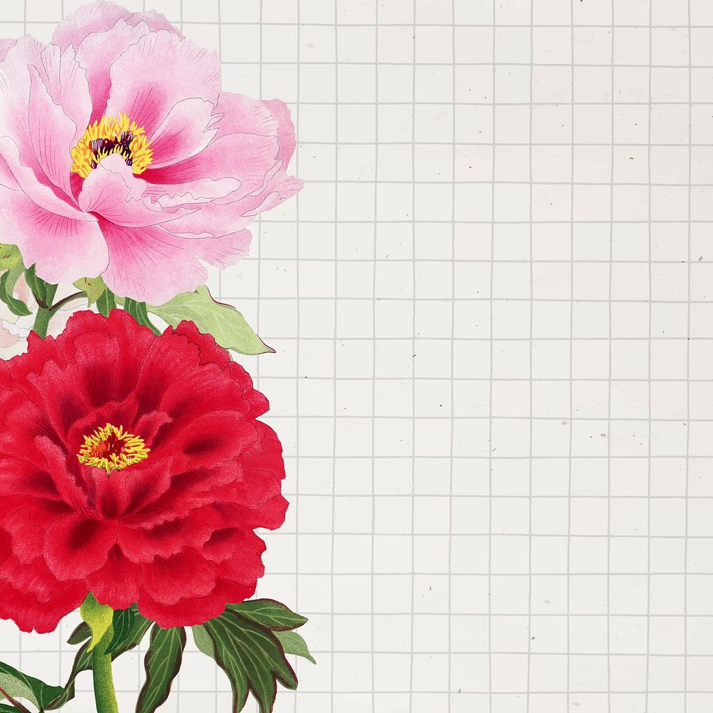 Pink & red peony border sticker on grid background, vintage floral illustration vector