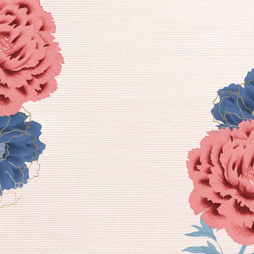 Peony border, pink & blue flowers, aesthetic design vector