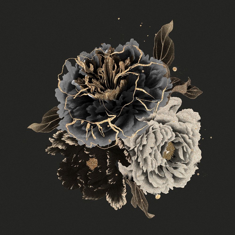 Peony flower clip art, black botanical floral design