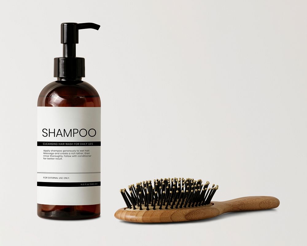 Shampoo pump bottle, brown product packaging, with hair brush