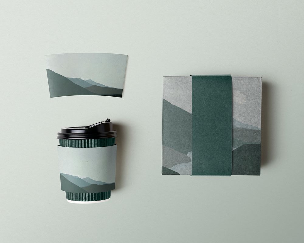 Aesthetic coffee cup and paper sleeve, product packaging, flat lay design
