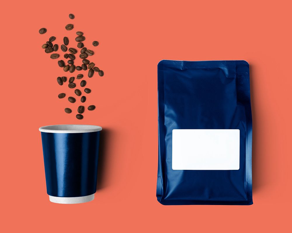 Blue coffee bag and paper cup, product packaging, flat lay design