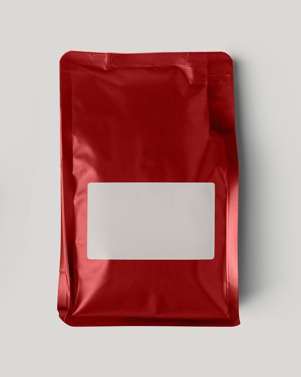 Red coffee bag, blank label, product packaging, flat lay design