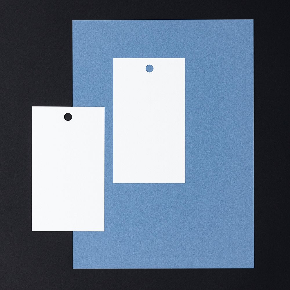 Blank white tags, flat lay design with blue paper