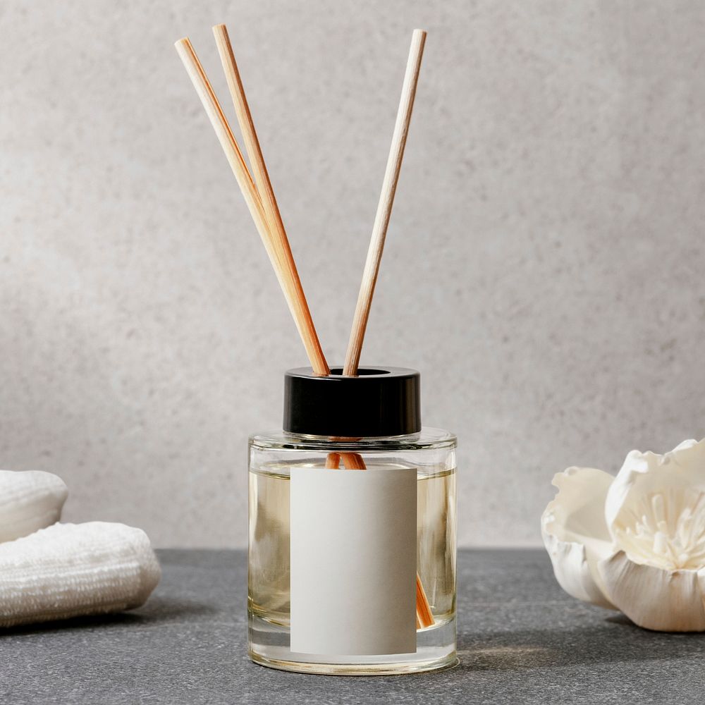 Reed diffuser bottle with blank white label, home spa aromatherapy