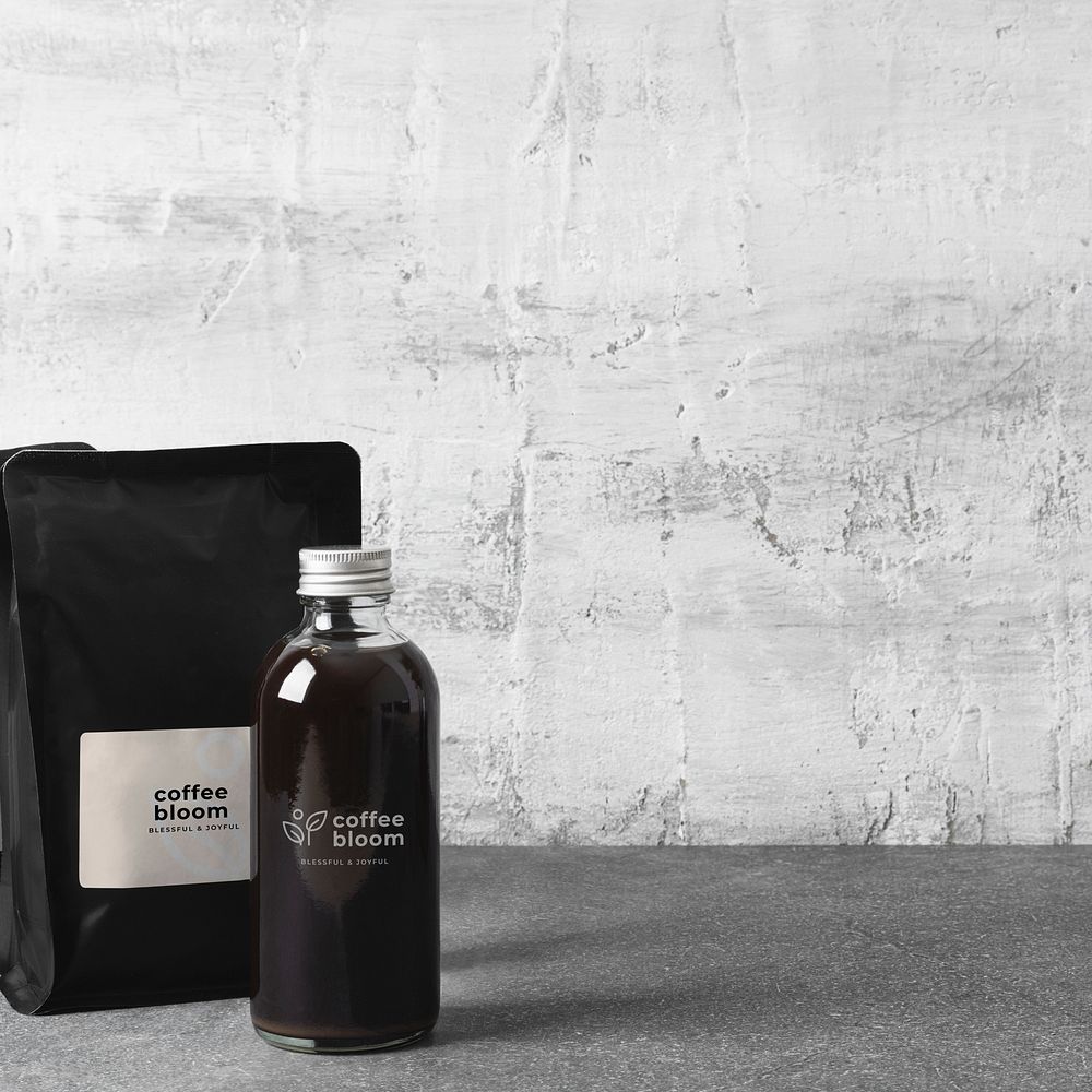 Label mockup psd, cold brew coffee and black paper bag