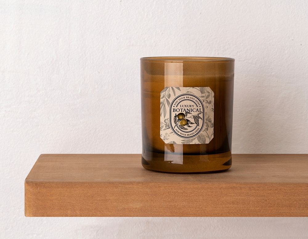 Candle on shelf, aromatic product, home spa decor