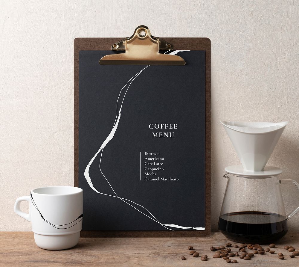 Black cafe menu on clipboard, drip coffee set