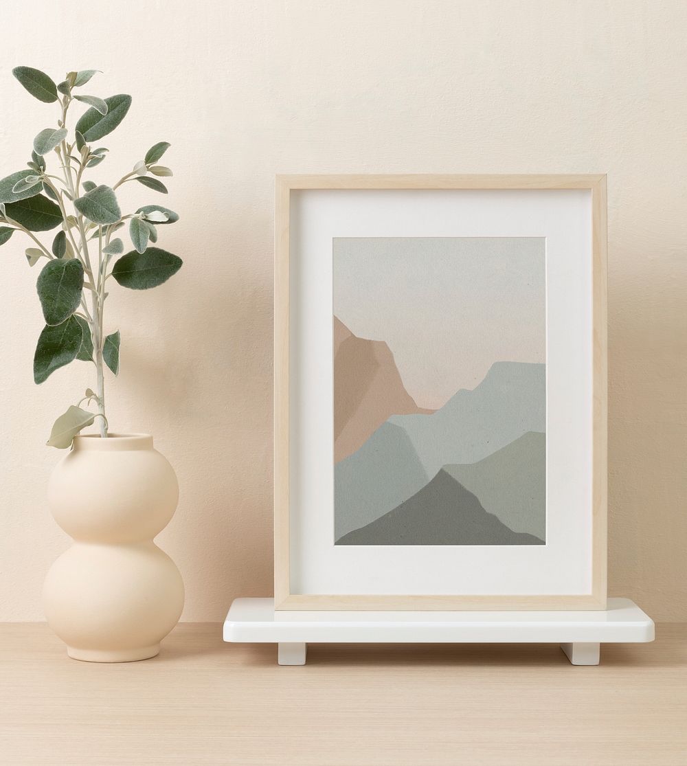 Abstract artwork, beige frame, minimal home interior design