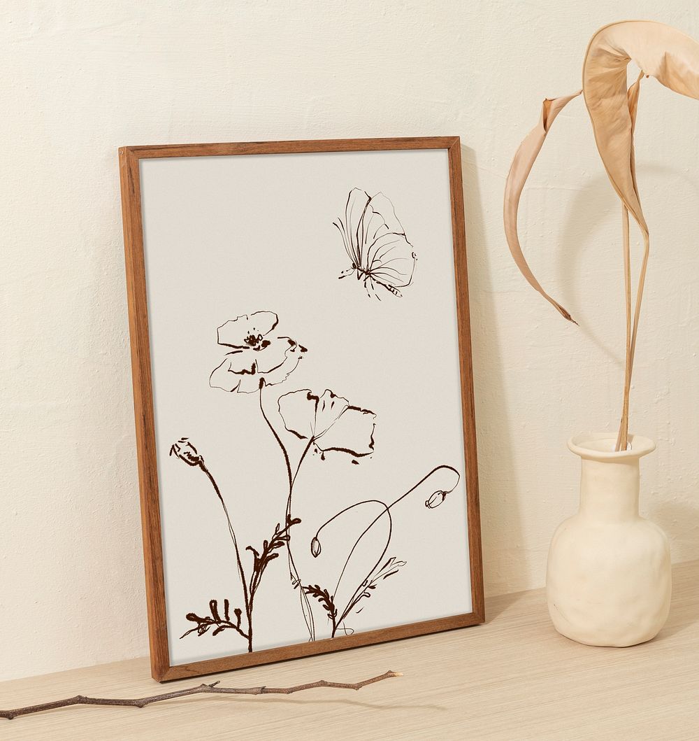 Aesthetic line art, floral design on a picture frame, beige home decor