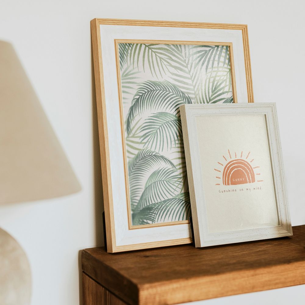Aesthetic frames on shelf, natural home decor
