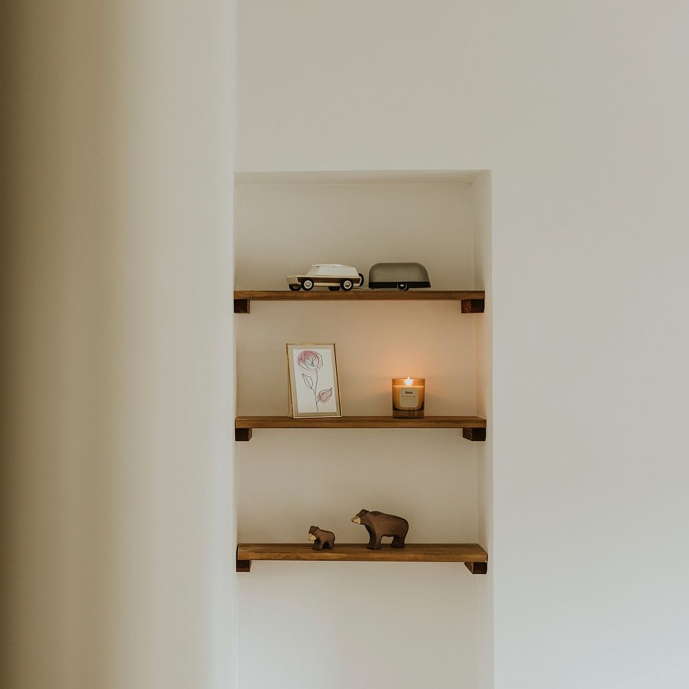 Aesthetic wooden shelf in kids room, home decor
