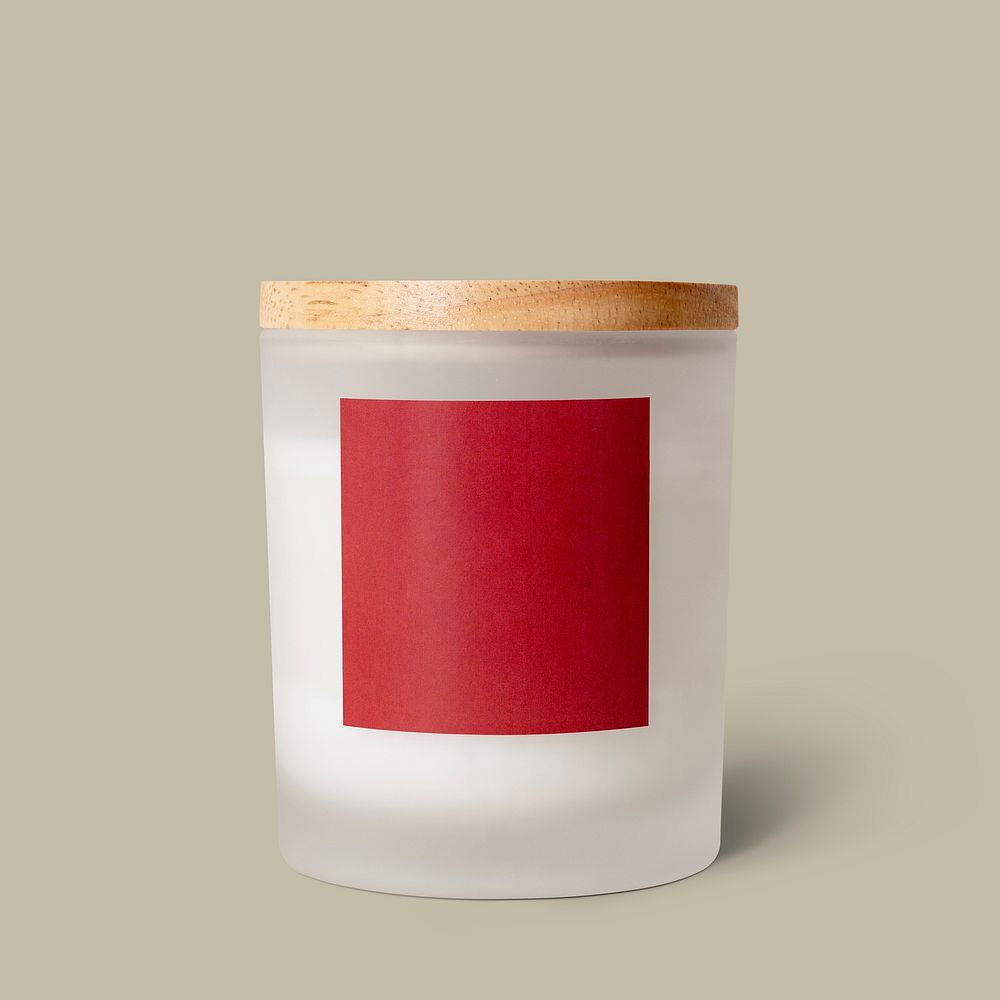 Scented candle, wooden lid, home aroma, red label design
