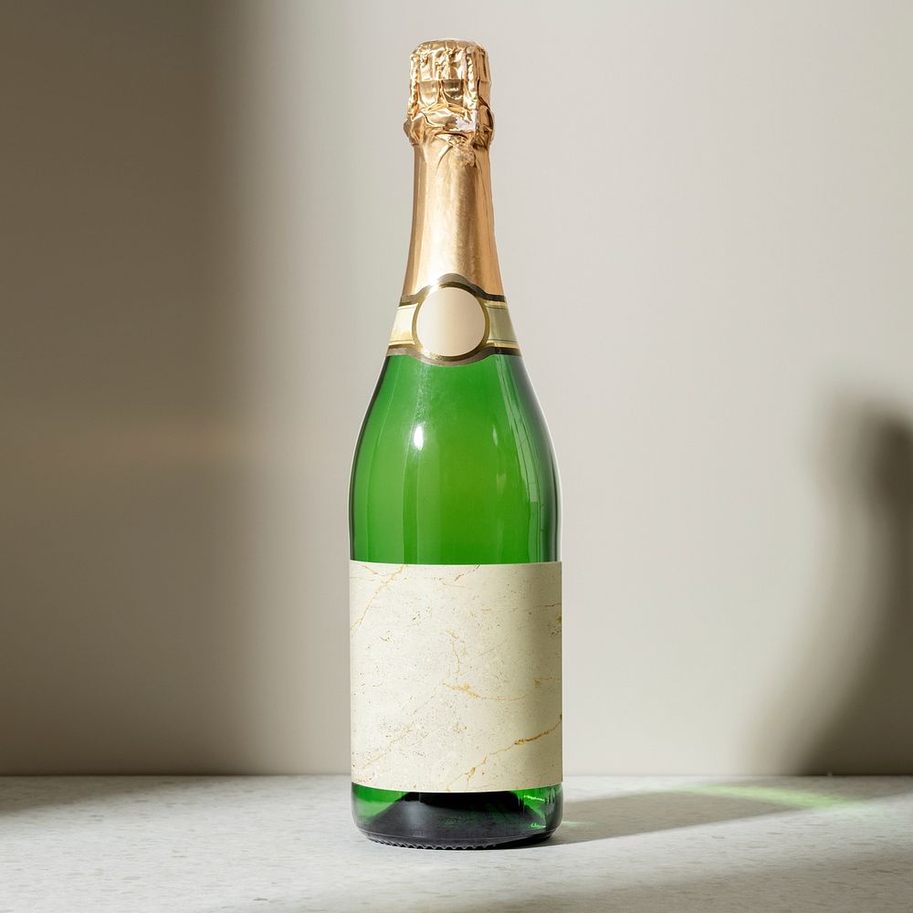 Blank champagne bottle label, beverage product with design space